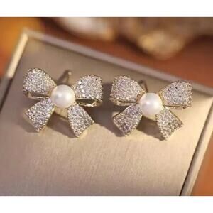 Pearl Rhinestone Bow Earrings